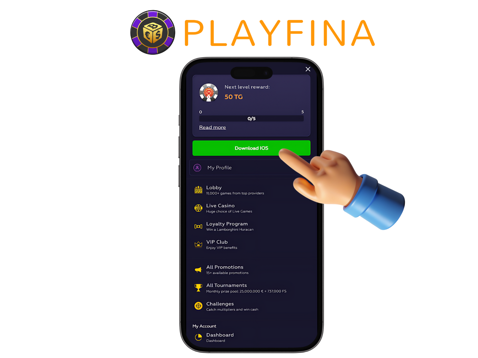 Download Playfina app for iPhone & iPad - press green button