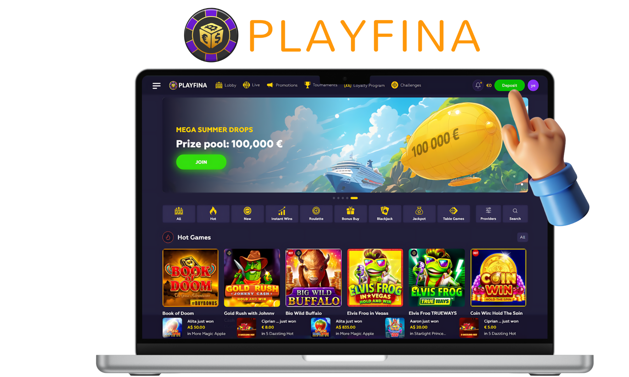 Click on the deposit button at Playfina