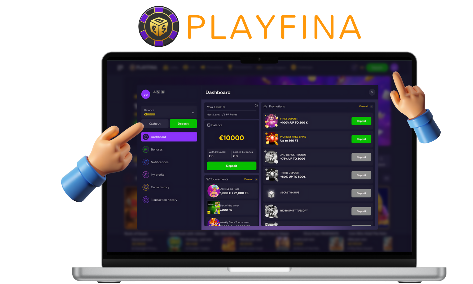 Click on the Cashout button - Playfina Australia