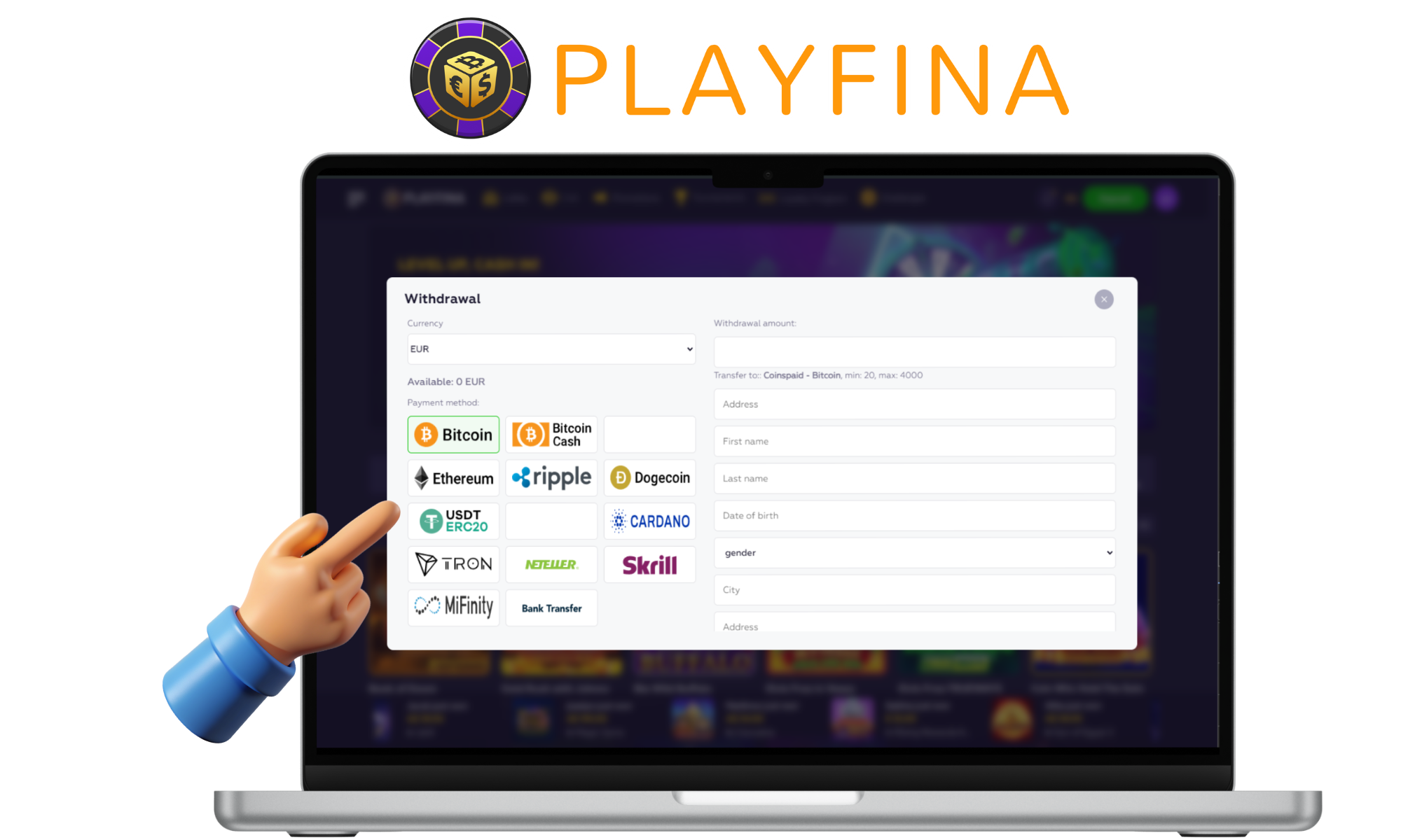 Select the payment method and specify the amount Playfina