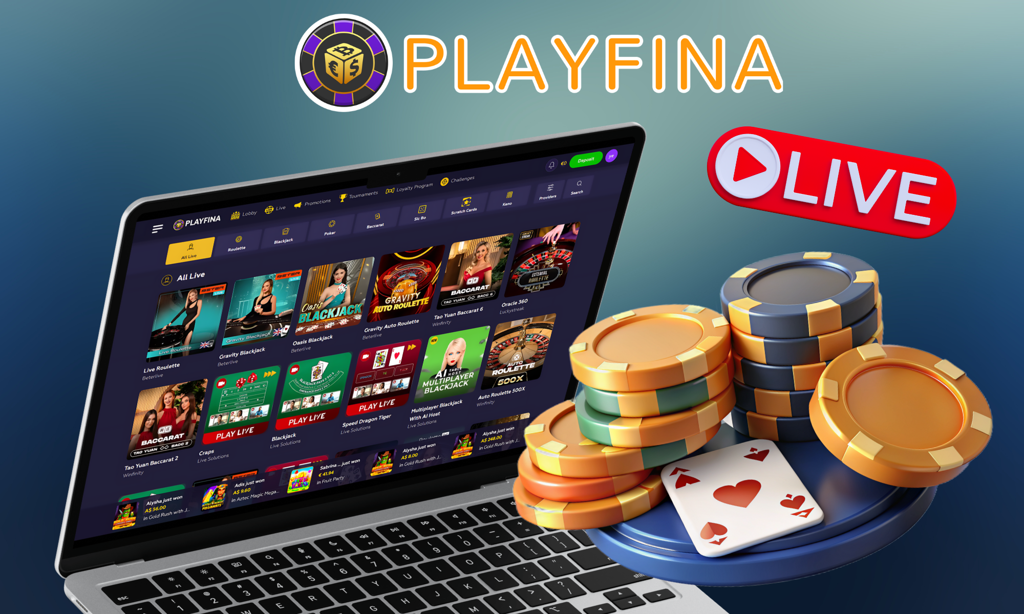 Playfina bietet mehr als 400 verschiedene Spiele mit Live-Dealern und unterschiedlichen Formaten