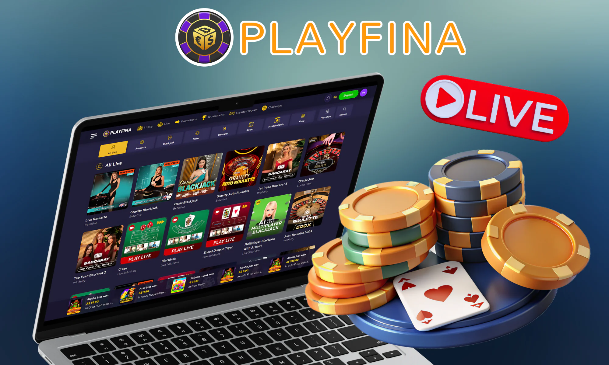 Playfina offers more than 400 different games with live dealers and different formats
