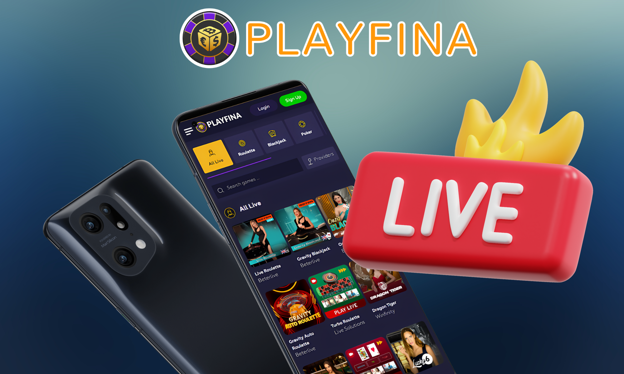 Playfina hat einen speziellen Bereich der App für Spiele mit Live-Dealern