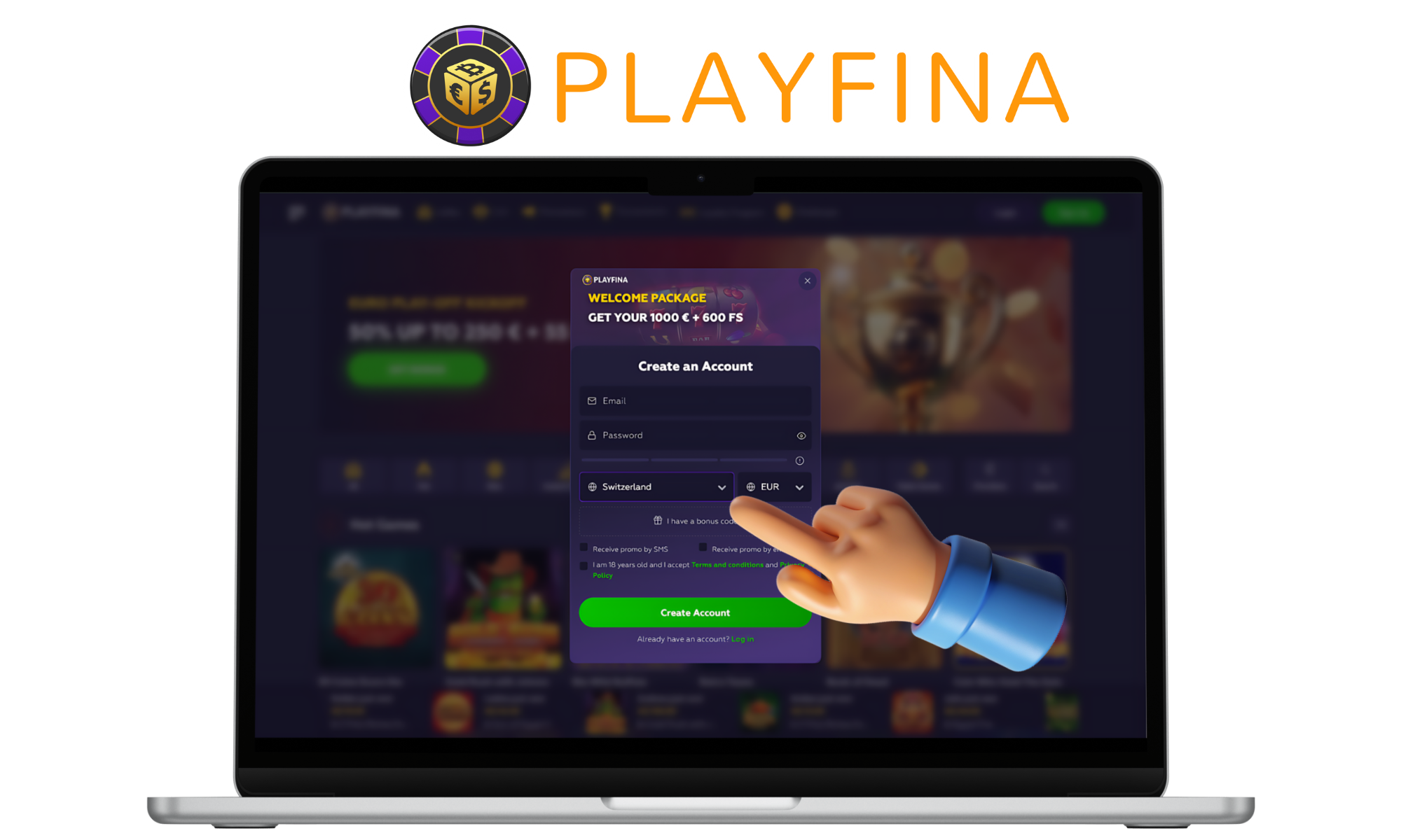 Playfina in Australia - register new account, select country